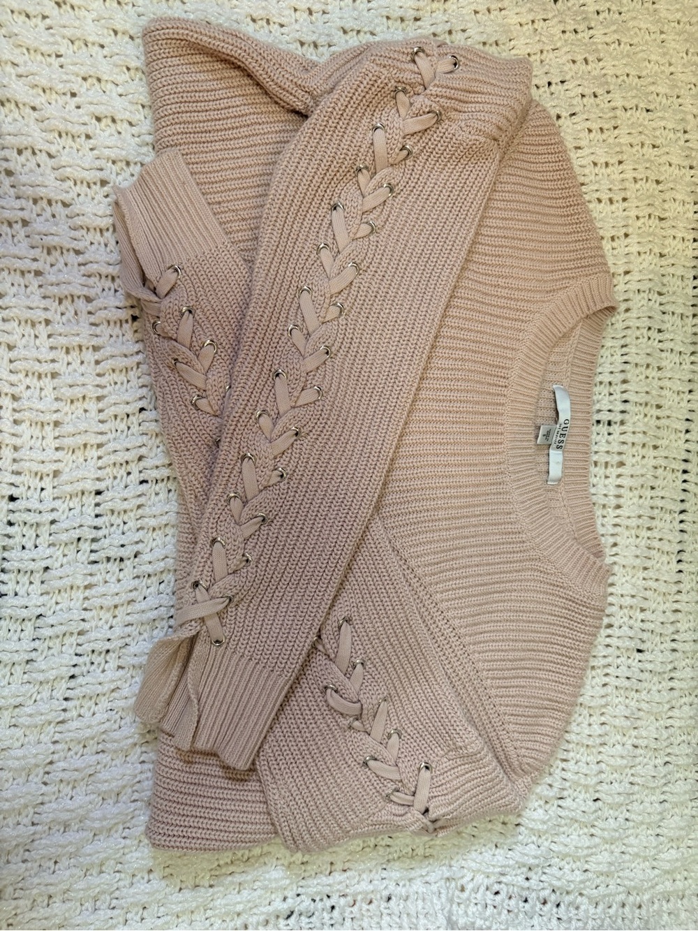 Guess Blush Lace-Up Sleeve Crewneck Sweater